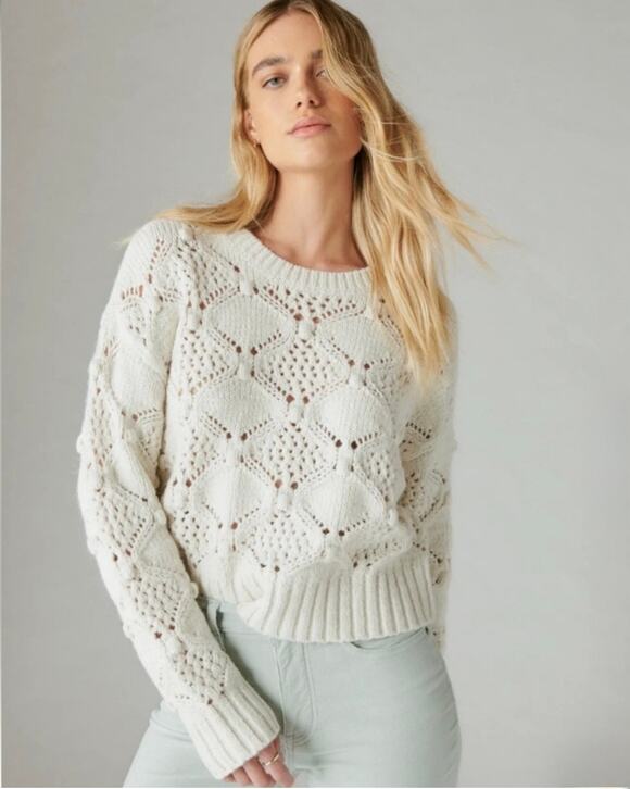 Lucky Brand Sweaters - Lucky Brand Ivory Diamond Open Knit Bobble Chunky Crewneck Sweater White Sz XL